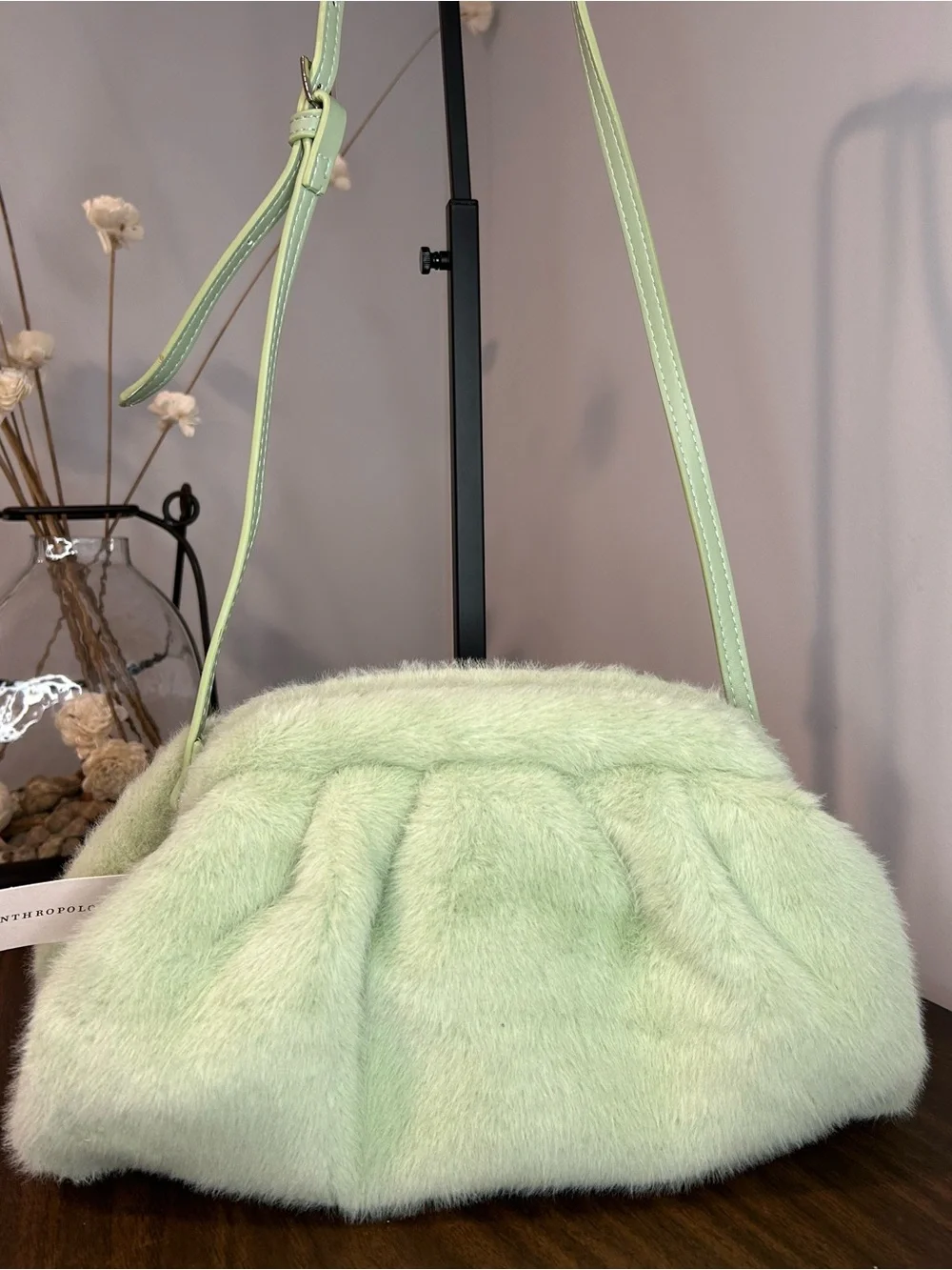 Anthropologie NWT Sage Green Faux Fur Shoulder Crossbody Bag with Pouch